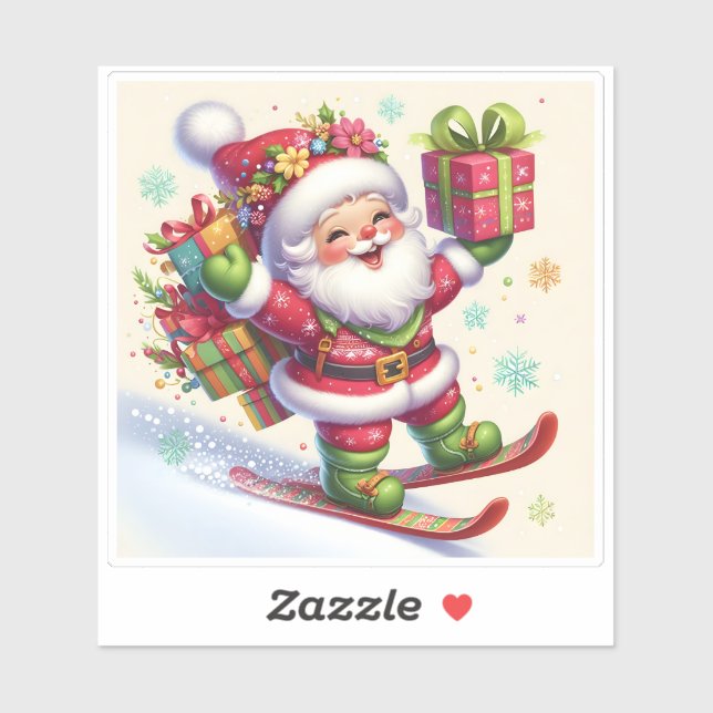Sticker Père Noël Ski Avec Cadeaux Colorés (Feuille)