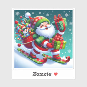 Sticker Père Noël Ski Avec Cadeaux Colorés