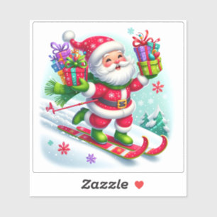 Sticker Père Noël Ski Avec Cadeaux Colorés