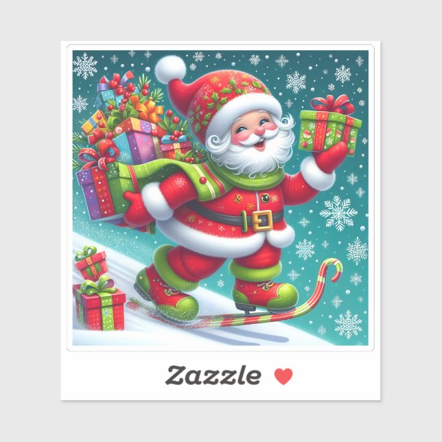 Sticker Père Noël Ski et livraison de cadeaux (Feuille)