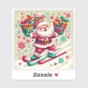 Sticker Père Noël skiant avec des cadeaux colorés