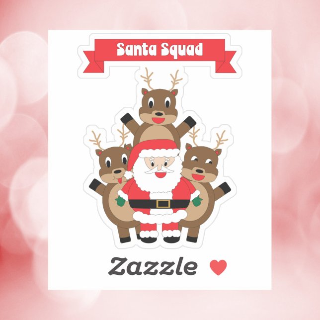 Sticker Père Noël Squad Christmas Reindeer Drôle (A sticker featuring Santa and his reindeer under a red banner that reads Santa Squad.)