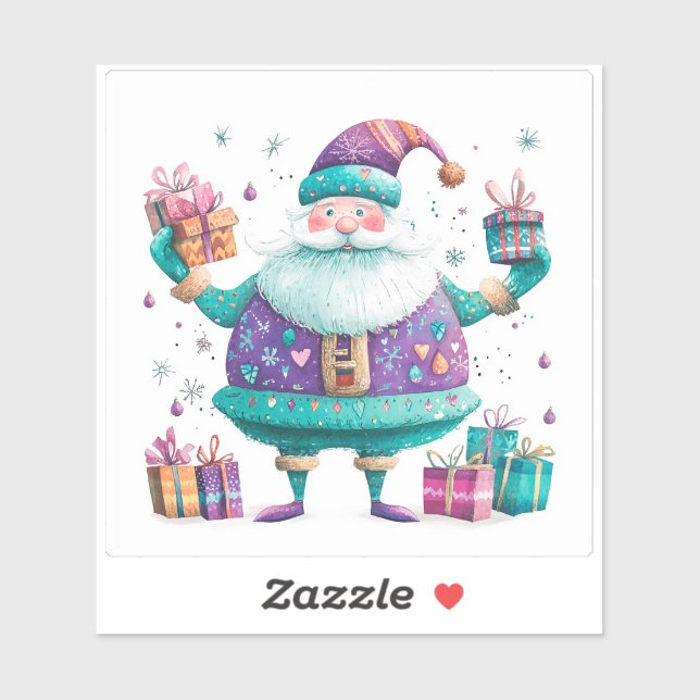 Sticker Père Noël Violet Avec Des Cadeaux De Noël (Feuille)