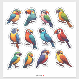 Sticker Perroquets Tropicaux Mignons Oiseaux de Dessin Ani