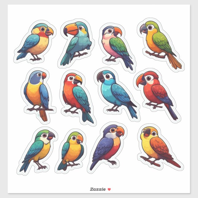 Sticker Perroquets Tropicaux Mignons Oiseaux de Dessin Ani (Feuille)