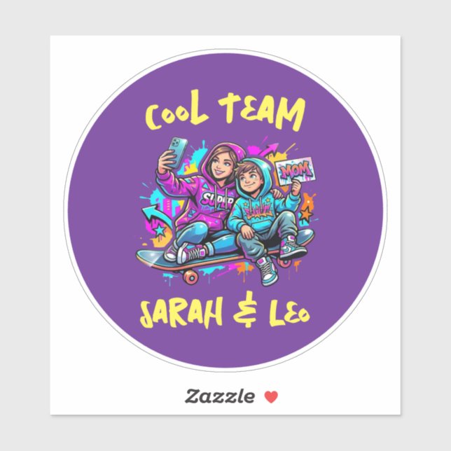 Sticker Personalized Skater Mom and Son Graffiti Art Round (Feuille)