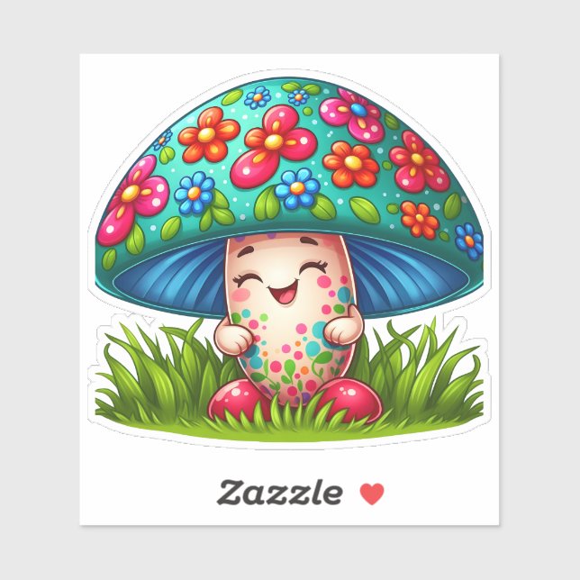 Sticker Personnage Champignon Avec Fleurs et Herbe (Feuille)