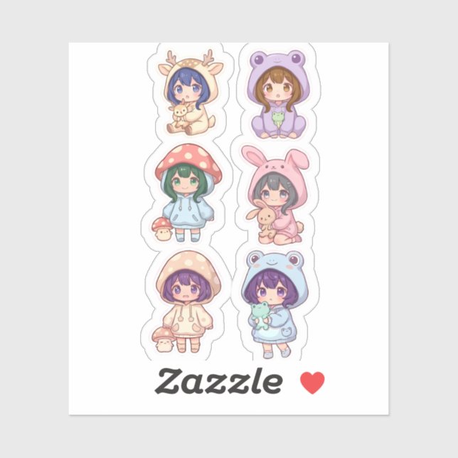 Sticker Personnages Chibi Kawaii Collection de sweat à cap (Feuille)