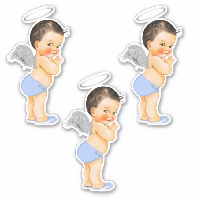 Sticker Petit ange bébé garçon ailes argentées bleu clair  (Devant)