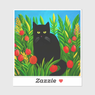 Sticker Petit chat noir dans un jardin de tulipes