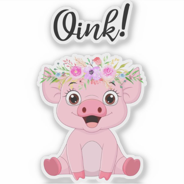 Sticker Petit cochon mignon à couronne florale (Devant)
