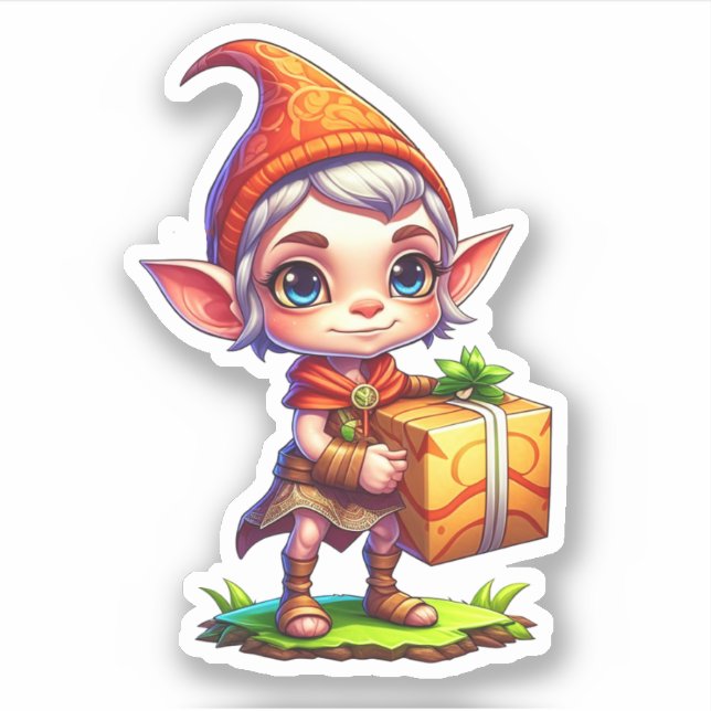 Sticker Petit Elfe Mignon Tenant un Cadeau de Noël (Devant)