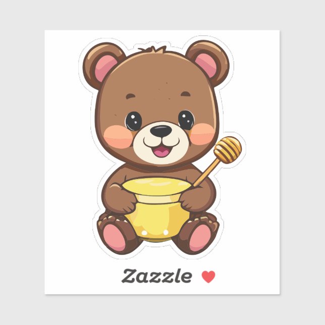 Sticker Petit Ourson Mangeant Du Miel Avec Un Sourire (Feuille)