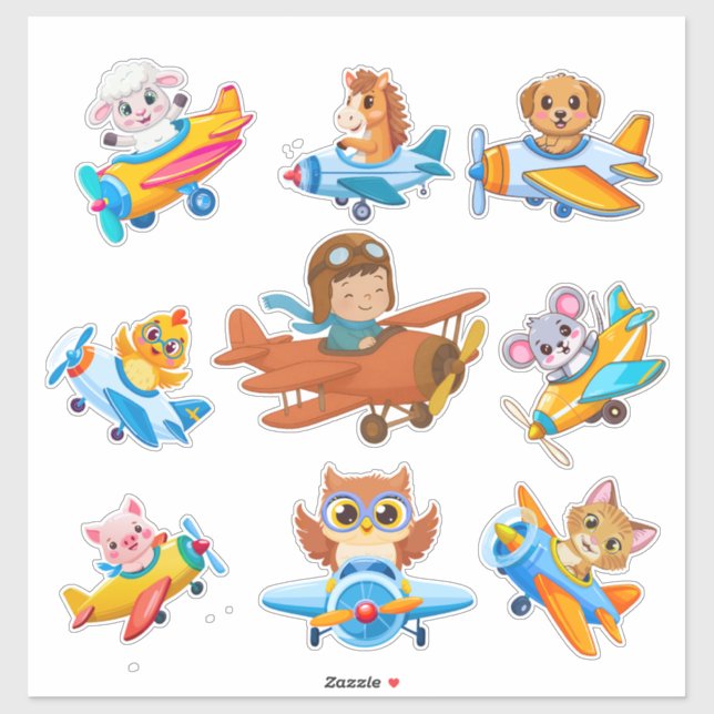 Sticker Petite Aviator mignonne Avion Fête des animaux Fav (Feuille)