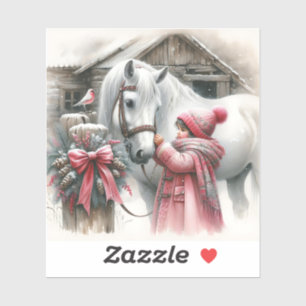 Sticker Petite fille et son cheval Noël