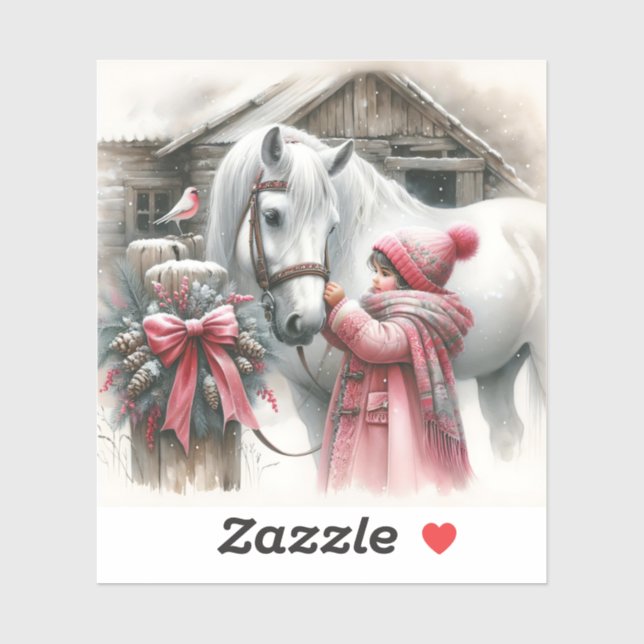 Sticker Petite fille et son cheval Noël (Feuille)