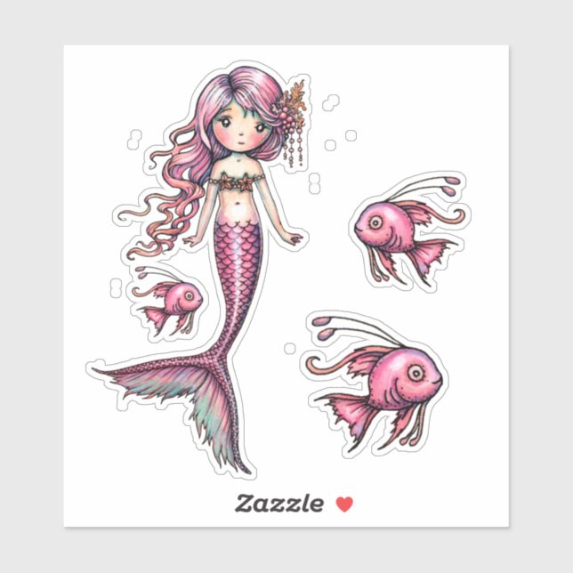 Sticker Petite Sirène Rose et Illustration de Poisson (Feuille)