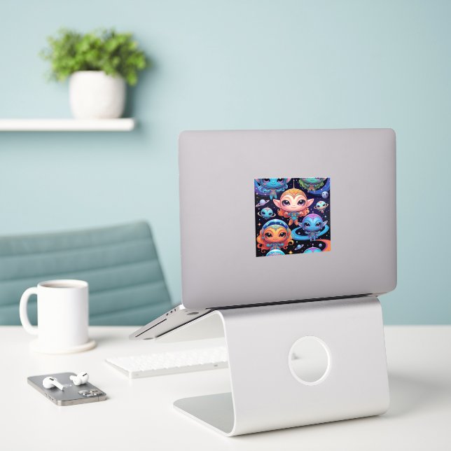 Sticker Petits Aliens multicolores dans l'espace (Ordinateur portable sur le bureau)