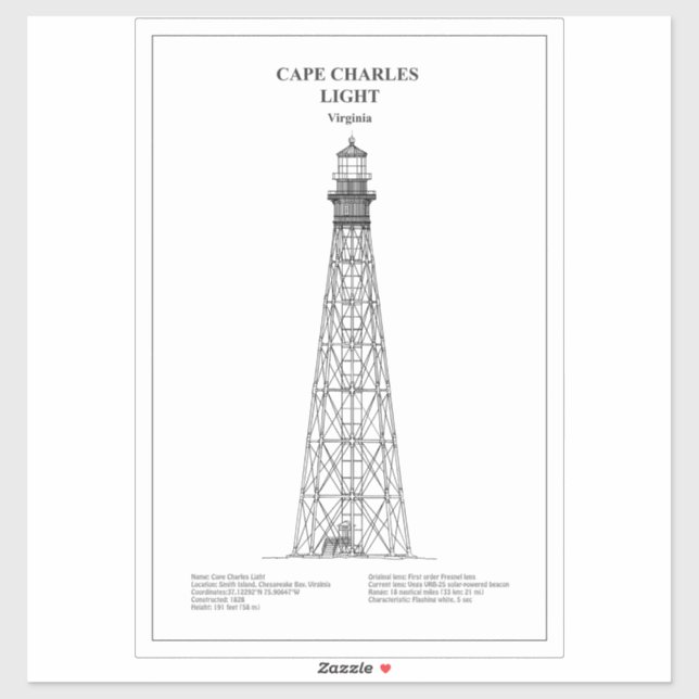 Sticker Phare de Cape Charles - Virginie - BD (Feuille)