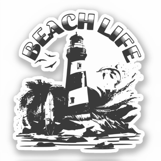 Sticker Phare de la vie de plage noir et blanc (Recto)