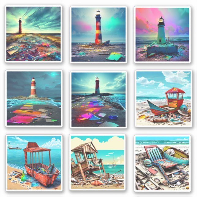 Sticker Phare de plage abandonnés et bateaux (Devant)