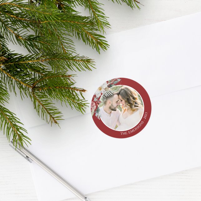Sticker photo botanique de Noël (Red Holiday Envelope Seal Merry Christmas Watercolor Floral Botanical Berries with Photo)