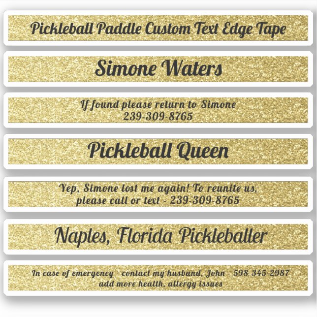 Sticker Pickleball Paddle Edge Bande Nom personnalisé Gold (Devant)