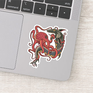 Sticker pieuvre combattant un requin