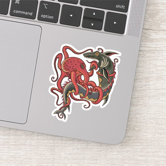Sticker pieuvre combattant un requin (Détail)