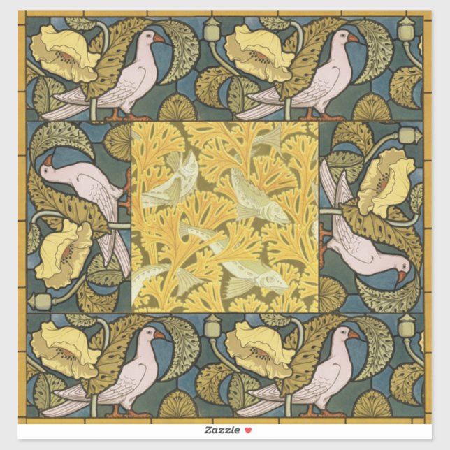 Sticker Pigeon Blue Yellow Fish Art Nouveau (Feuille)