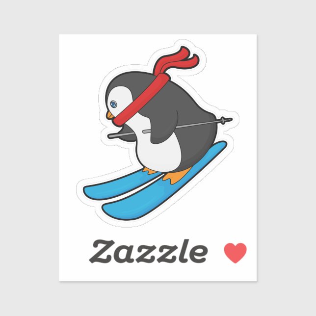 Sticker Pingouin comme skieur avec ski (Feuille)