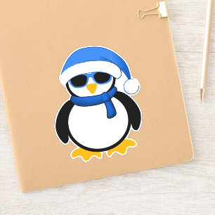 Sticker Pingouin cool de Noël hiver bleu chapeau de Père N