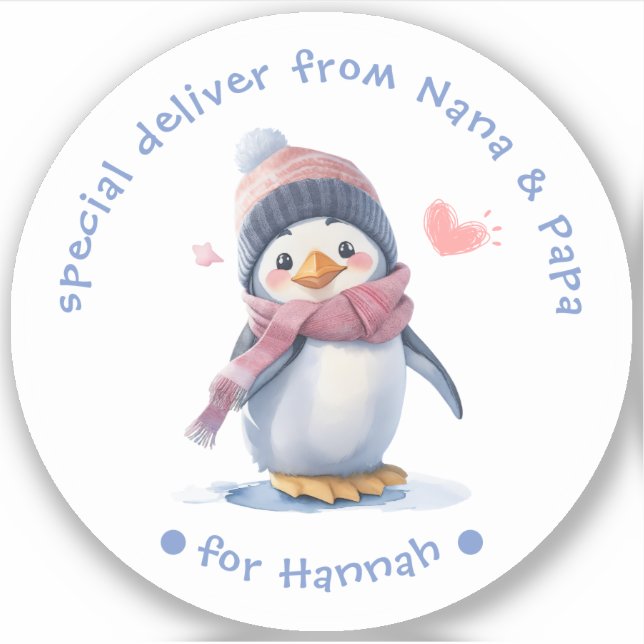 Sticker Pingouin rose pour bébé Noël pour enfants Étiquett (Devant)