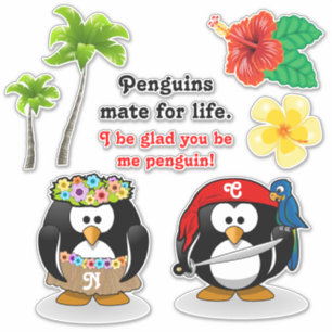 Sticker Pingouins tropicaux Couple Hula Pirate Cocotiers