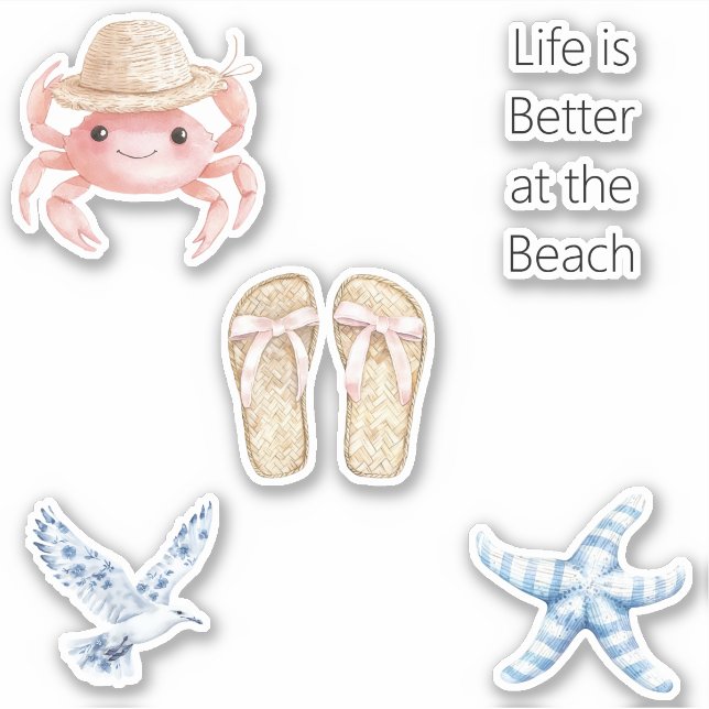 Sticker Pink Crab Beach Blue Starfish Bird Sandals (Devant)