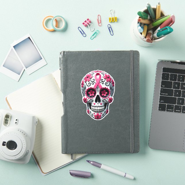 Sticker Pink Ribbon Sugar Skull Calavera Breast Cancer Awa (Couverture iPad)