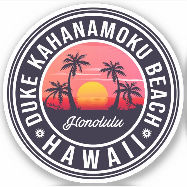 Sticker Plage de Duke Kahanamoku Hawaii Palmiers rétro 60s (Devant)