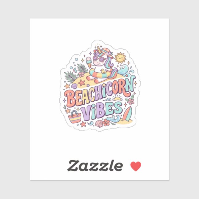 Sticker Plage de Licorne Vibes Fantaisiste Fond Blanc (Feuille)