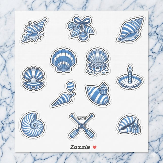 Sticker Planche d'autocollants coquillages rayures marines (Coastal chic meets whimsical fun.)