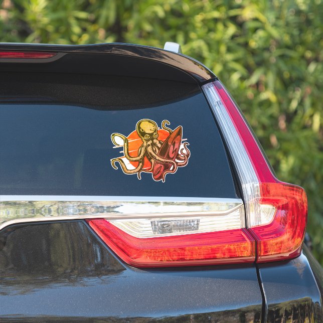 Sticker Planche de surf Coucher de soleil Pieuvre Attaque  (Côté voiture)