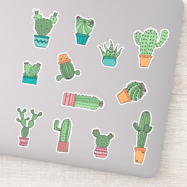 Sticker Plantes Cactus mignons tirés à la main dans les po (Détail)
