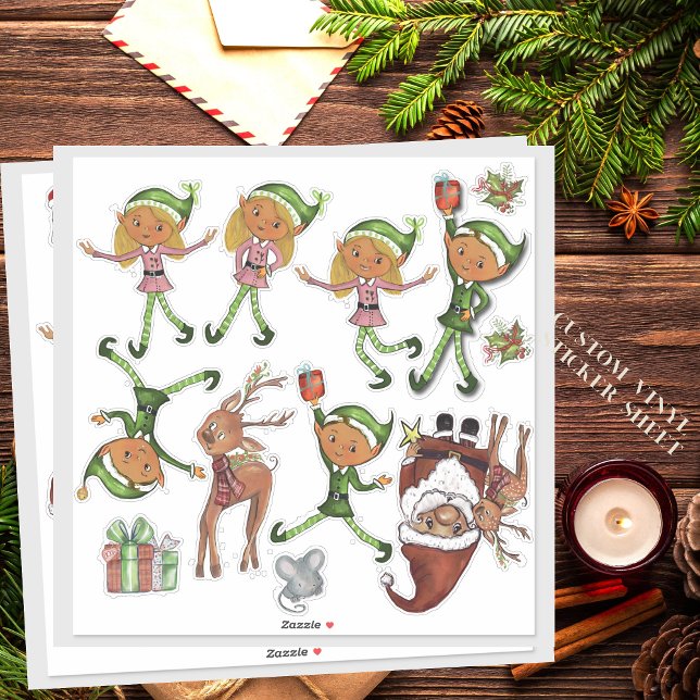 Sticker Playful Elves and Dynamic Santa Poses Custom Cut  (Playful Elves and Dynamic Santa Poses Custom Cut Sticker)
