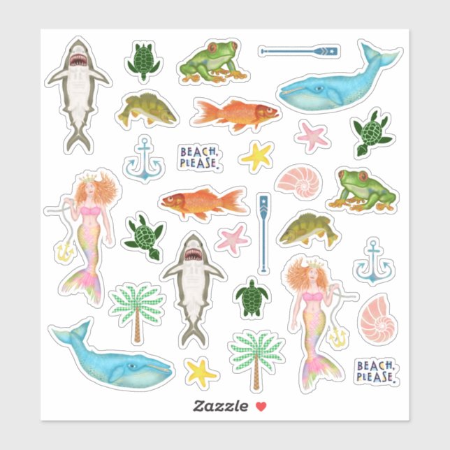 Sticker Poissons Baleines Mermaids Plage Océan Nautique (Feuille)