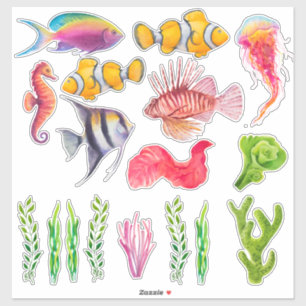 Sticker Poissons tropicaux colorés hippocampe méduse océan