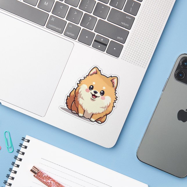 Sticker Poméranien joyeux, Kawaii Fluff, Petit (Ordinateur portable avec iPhone)