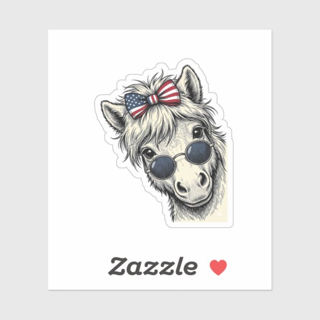 Sticker Poney Patriotique Avec Lunettes De Soleil Vintage  (Feuille)
