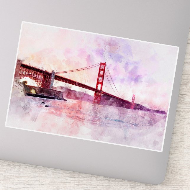 Sticker Pont Golden Gate aquarelle au coucher du soleil (Golden Gate Bridge Watercolor at Sunset. Sticker)