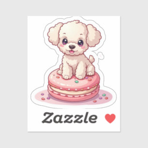 Sticker Poodle Kawaii assis sur Macaron