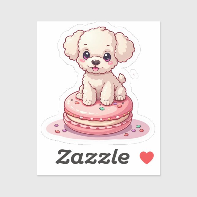 Sticker Poodle Kawaii assis sur Macaron (Feuille)