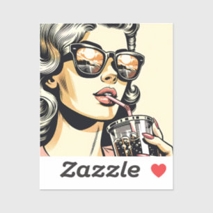 Sticker Pop Art Bande Dessinée Belle Femme Buvant un Soda